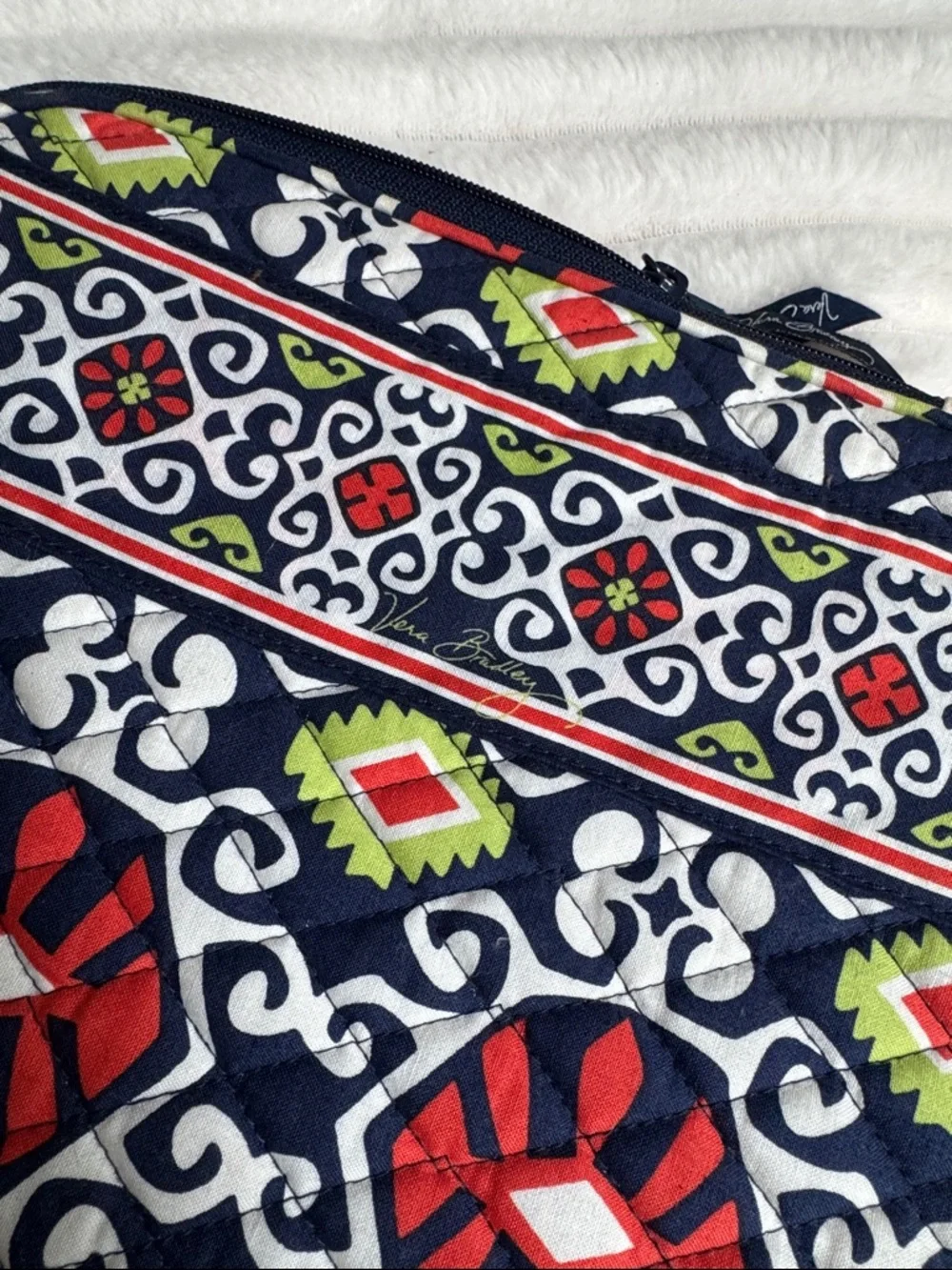 Vera Bradley Navy Quilted Zip Pouch with Red, Lime & White Motif